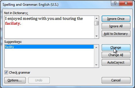 spelling grammar word box check dialog spellcheck checking spell error correct typing suggestions given mistakes directly change